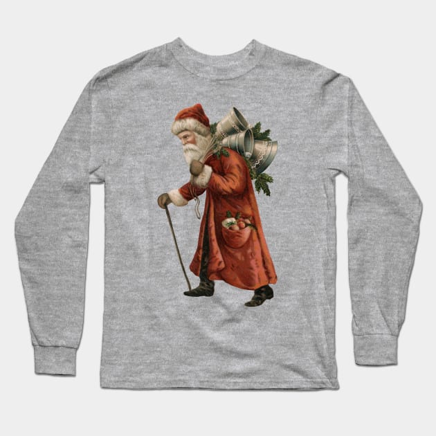 Walking red Scandinavian Christmas Santa carrying bells Long Sleeve T-Shirt by RedThorThreads